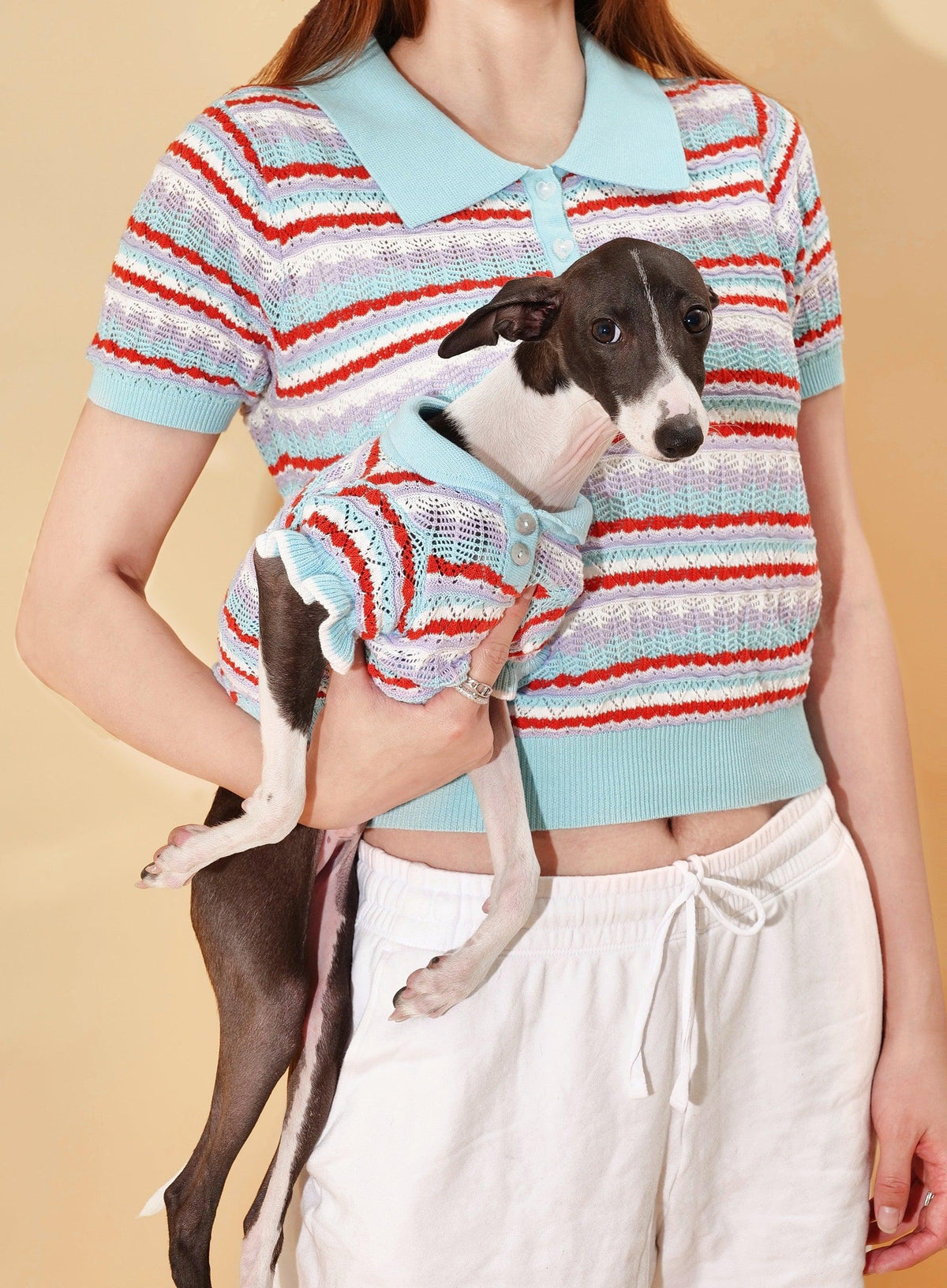 Pet &amp; Me Spring Summer Ocean Blue Ruffle Crochet Short Sleeve Polo Shirt